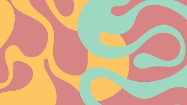 Canlı, soyut bir arka plan. Pastel kırmızısı, sarı ve naneli şekiller organik formlarda akıyor. Retro grafikler, posterler ve markalaşma görselleri için mükemmel..