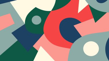 Renkli kıvrımları ve koyu ve sıcak tonlarda yarım daire şekilleri olan üst üste binen soyut formların oyuncu kolajı. Tasarım ve dekorasyon için harika..