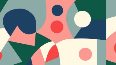 Renkli geometrik formların dinamik bir tasarımı. Daireler, kırmızı, yeşil ve mavi kıvrımlı şekiller, yumuşak bir arka planda..