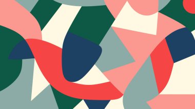 Pembe, kırmızı, yeşil ve maviyle kesilen geometrik şekillerin soyut düzenlenmesi ve üst üste binen elementler klasik esinlenilmiş bir kompozisyonda.