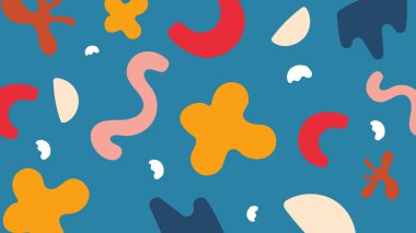 Sarı, pembe, kırmızı ve lacivert renkli tuhaf organik karalama şekilleri. Enerjik ve genç soyut arkaplan.