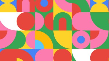 Yuvarlak şekilli çoklu renk kompozisyonu ve yeşil, kırmızı, pembe ve sarı renkli retro eğriler modern görseller için soyut bir ızgarada..