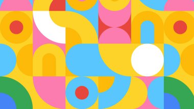 Renkli yarı daireler, yuvarlak formlar ve kırmızı, pembe, mavi ve sarı tonlarda enerjik renk dengesi ile parlak bir şekilde tasarlanmış..