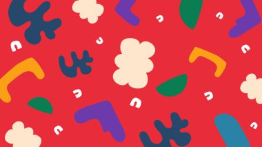 Donanma, krema, mor, yeşil ve sarı renkli düz karalamalar koyu kırmızı bir tabanda yüzer. Canlı ve şakacı soyut bir görsel.