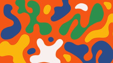 Enerjik turuncu arkaplan, koyu yeşil, mavi ve sarı tonlarda dinamik şekiller, çocuk temaları veya eğlenceli dijital görseller için ideal.