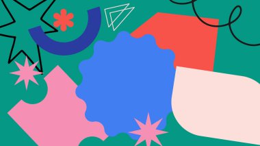 Modern eğlence görselleri için koyu yeşil bir arka planda mavi, sarı ve pembe renkli çizgiler, noktalar ve tuhaf şekiller..