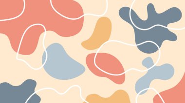 Renkli organik damlaları ve yumuşak beyaz çizgileri olan soyut pastel arka plan. Yaratıcı tasarım için asgari ve modern sanat.