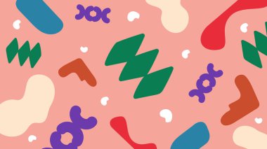 Yeşil, mor, kırmızı ve kremalı tuhaf soyut karalama şekilleri sıcak pembe bir tabana saçılmış. Parlak ve yaratıcı görsel.