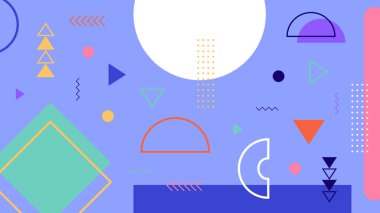 Canlı menekşe menekşe arkaplan üzerinde renkli geometrik şekiller ve Memphis tarzı elementlerle oyuncu soyut kompozisyonu.