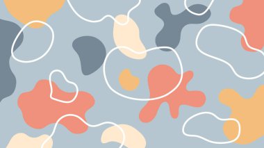 Mercan, hardal, gri organik şekiller ve eğlenceli çizgilerle dolu havalı mavi soyut bir arka plan..