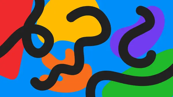 Artistik mavi arka plan soyut girdaplar ve parlak renkli lekelerle dolu, kalın siyah anlamlı çizgilerle özetlenmiş. Değişik ve dinamik görünüm.