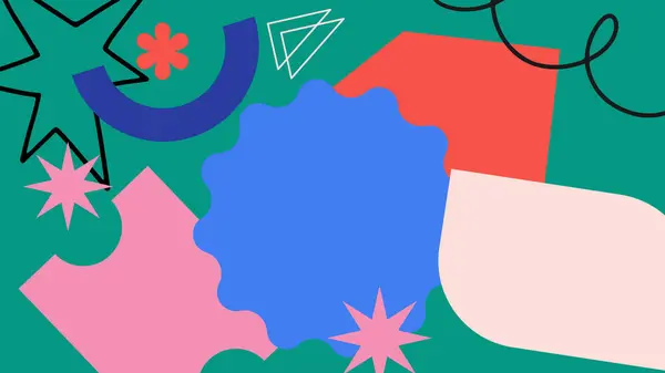 Modern eğlence görselleri için koyu yeşil bir arka planda mavi, sarı ve pembe renkli çizgiler, noktalar ve tuhaf şekiller..