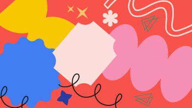 Kıvrımlı çizgiler, yıldızlar, daireler ve koyu mavi, pembe ve yeşil renkli kesme şekilleri içeren soyut sarı arkaplan.