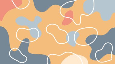 Gri, bej ve mercan renginde soyut elementler içeren turuncu arkaplan tasarımı, dalgalı beyaz çizgiler..