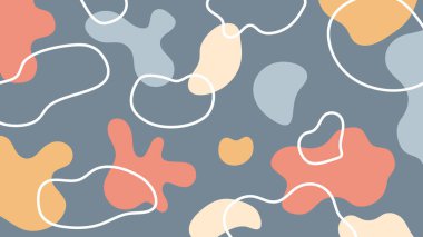 Dağınık organik damlaları ve bej arka planda canlı pastel tonlarıyla minimum soyut sanat.