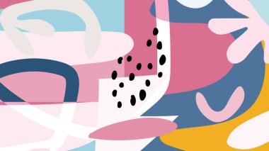 Mavi, beyaz ve pembe el yapımı şekiller neşeli hareketler ve tuhaf dokunuşlar neşeli bir soyut kompozisyon oluşturur..