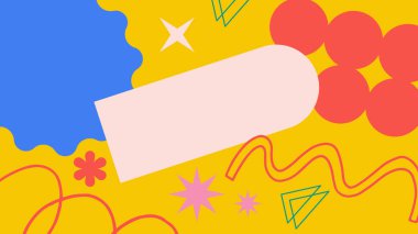 El yazması karalamalarla dolu soyut sanat, neşeli şekiller, ve parlak mavi arka planda parlak mavi aksanlı ve pembe aksanlı cesur çizgiler..