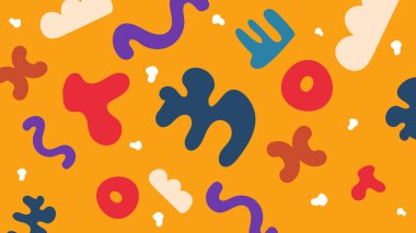 Parlak turuncu bir tabanda kırmızı, mavi, krem ve mor katmanlı eğlenceli kabarcıklar ve semboller. Modern ve neşeli tasarım.