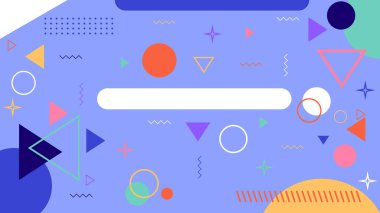 Canlı menekşe menekşe arkaplan üzerinde renkli geometrik şekiller ve Memphis tarzı elementlerle oyuncu soyut kompozisyonu.