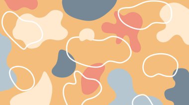 Akan renkli şekilleri ve dinamik eğimli çizgileri olan eğlenceli bej soyut sanat eserleri. Tarz ve modern tasarım arka planı.