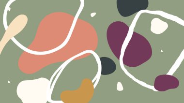 Şeftali, erik, krema ve siyaha bulanmış yumuşak soyut kabarcıklar el çizimi beyaz hatları olan adaçayı yeşili bir taban üzerinde. Sakin ve anlamlı tasarım