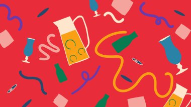 Kırmızı arka planda canlı ferahlatıcı temaları temsil eden turunçgil içecekleri, soda şişeleri, bardaklar ve dalgalı çizgilerle dolu enerjik görsel..