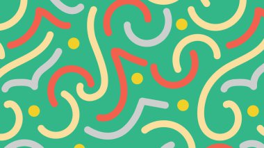 Hafifmeşrep kıvrımlı çizgiler ve sarı, mercan ve kremalı yuvarlak noktalar yeşil bir zemin üzerinde. Dinamik ve neşeli bir görüntü..