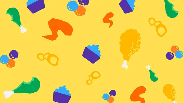 Parlak kızarmış tavuk, patates kızartması, sos şişesi ve fast food ürünleri eğlenceli ve enerjik bir şekilde düzenlenmiş..