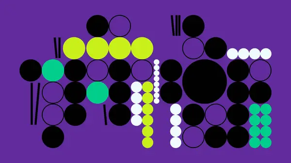 Çok renkli noktaların dengeli tasarımı ve turkuaz üzerinde kalın daireler, canlı, sanatsal ve fütürist soyut bir manzara yaratıyor..