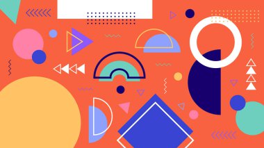 Turuncu zemin üzerinde katmanlı üçgenler, kemerler ve noktalı çizgiler olan enerjik ve renkli soyut bileşim.