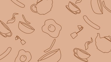 Ana hatlarıyla çizilmiş yumurta, kase, çay fincanı ve sıcak kahverengi arka planda sosis. Kahvaltı görselleri için eğlenceli ve samimi bir tasarım..