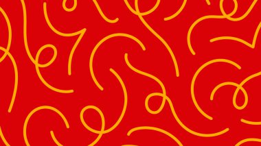 Kıvrımlı sarı bukleler güçlü bir kırmızı yüzey boyunca dans eder, hareket ve karakter dolu ritmik ve eğlenceli bir görsel tasarım oluşturur..