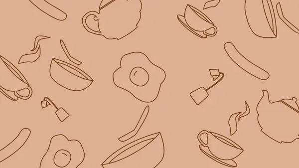 Ana hatlarıyla çizilmiş yumurta, kase, çay fincanı ve sıcak kahverengi arka planda sosis. Kahvaltı görselleri için eğlenceli ve samimi bir tasarım..