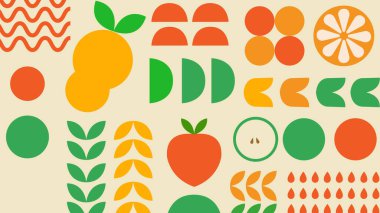 Parlak yeşil ve turuncu paletli en az meyve ve sebze şekilli krema. Smoothie Bar görselleri için ideal.