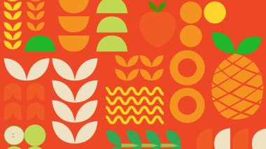 Kırmızı-turuncu üzerine ananas, yaprak ve soyut meyve grafikleri, tropikal, organik veya vitamin zengini temalar için uygundur..