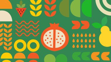 Sağlıklı beslenme ve organik içerik için uygun kırmızı ve sarı tonlara sahip stilize meyve ve tohum elementleri.