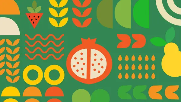 Sağlıklı beslenme ve organik içerik için uygun kırmızı ve sarı tonlara sahip stilize meyve ve tohum elementleri.