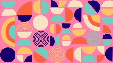 Canlı pembe bir tuval üzerinde cesur daireler ve yarı dairelerle dolu soyut sanat eserleri. Tasarım, ağ ya da dekoratif öğeler için ideal göz alıcı ve oyuncu görseller.