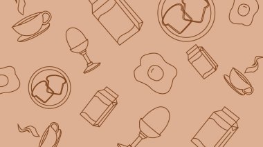 Çizgili tost, süt, yumurta ve kahverengi kahve fincanı çizimleri. Kahvaltı ya da minimalist estetik içerikli kafe temalı görseller için ideal.