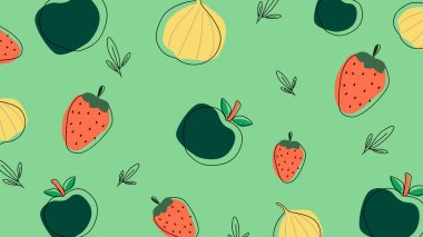 Sarı üzerine çilek, incir, şeftali ve portakal çizilmiş eğlenceli ve canlı bir arka plan. Yaz, mutfak ve çocuk projeleri için mükemmel..