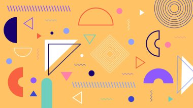 Elmaslar, yarım daireler, çizgiler ve yumuşak sarı arkaplandaki karalamalar da dahil olmak üzere çok renkli geometrik şekillere sahip oyuncu soyut bir düzen.