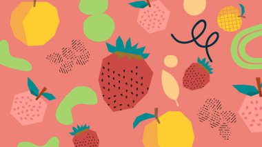 Karpuzlar, ejderha meyveleri ve turuncu bir tabanda parlak gölgelerle resmedilmiş üzümler. Tropik ve cesur meyve çizimi enerjik yaz temaları için idealdir. Canlı meyve arkaplanı.