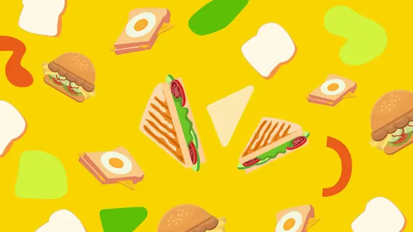 Izgara tost, burger ve eğlenceli yemek şekilleriyle dolu parlak sarı bir arka plan. Fast food promosyonları için eğlenceli tasarım.