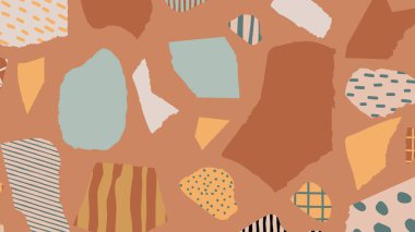 Dokulu kağıt şekilleri ve yumuşak renklerle esinlenmiş kolaj arka planı. Yaratıcı bir tasarım ifadesi için çizgiler, noktalar ve karalamalarla dolu.