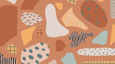 Düzensiz yırtık kağıt şekilleri ve sessiz renklerle dolu modern soyut bir arkaplan. Tasarım düzeni, markalaşma ve el işi görselleri için ideal.