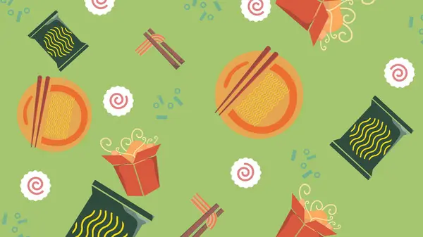 Erişte tabakları, erişte bardakları, yemek çubukları, hazır erişte paketleri ve canlı kompozisyonda yiyecek malzemeleriyle yeşil fon..