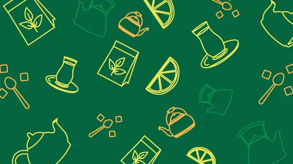 Çay poşetleri, narenciye dilimleri ve bitkisel malzemelerle dolu koyu yeşil bir zemin. Organik çay görselleri için ideal.