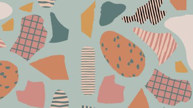 Düzensiz kağıt şekillerinin dijital soyut kolajı çizgiler, ızgaralar ve sessiz toprak tonları ile dokulu detaylar. Tasarım ve dekor projeleri için ideal.