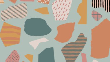 Düzensiz şekiller, ızgaralar, noktalar ve terracotta ve pastel renkler içeren kolaj çalışmaları. El yapımı dokunuşlu modern bir sanat tasarımı..