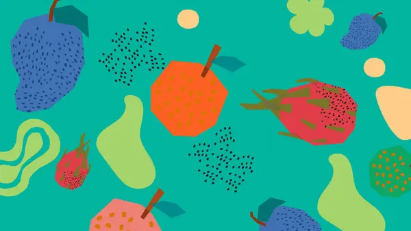 Neşeli çilekler, ananaslar ve neşeli soyut aksanlı yumuşak kırmızı tonlarda elmalar. Taze meyve havası ve elle çizilmiş detaylar eğlenceli mevsimlik projeler için mükemmel. Yaz meyvesi arka planı.